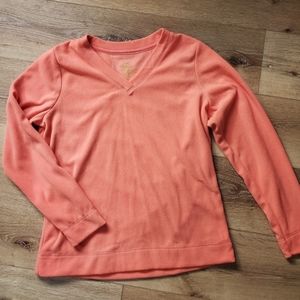 women's small light orange v neck fleece pullover euc